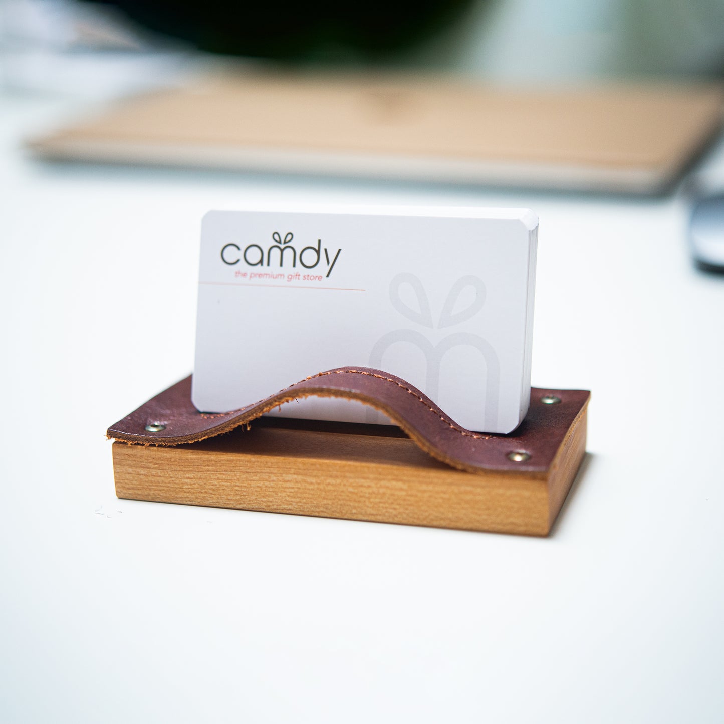 Personalized Cherry Wood Namecard Holder with Genuine Leather Top