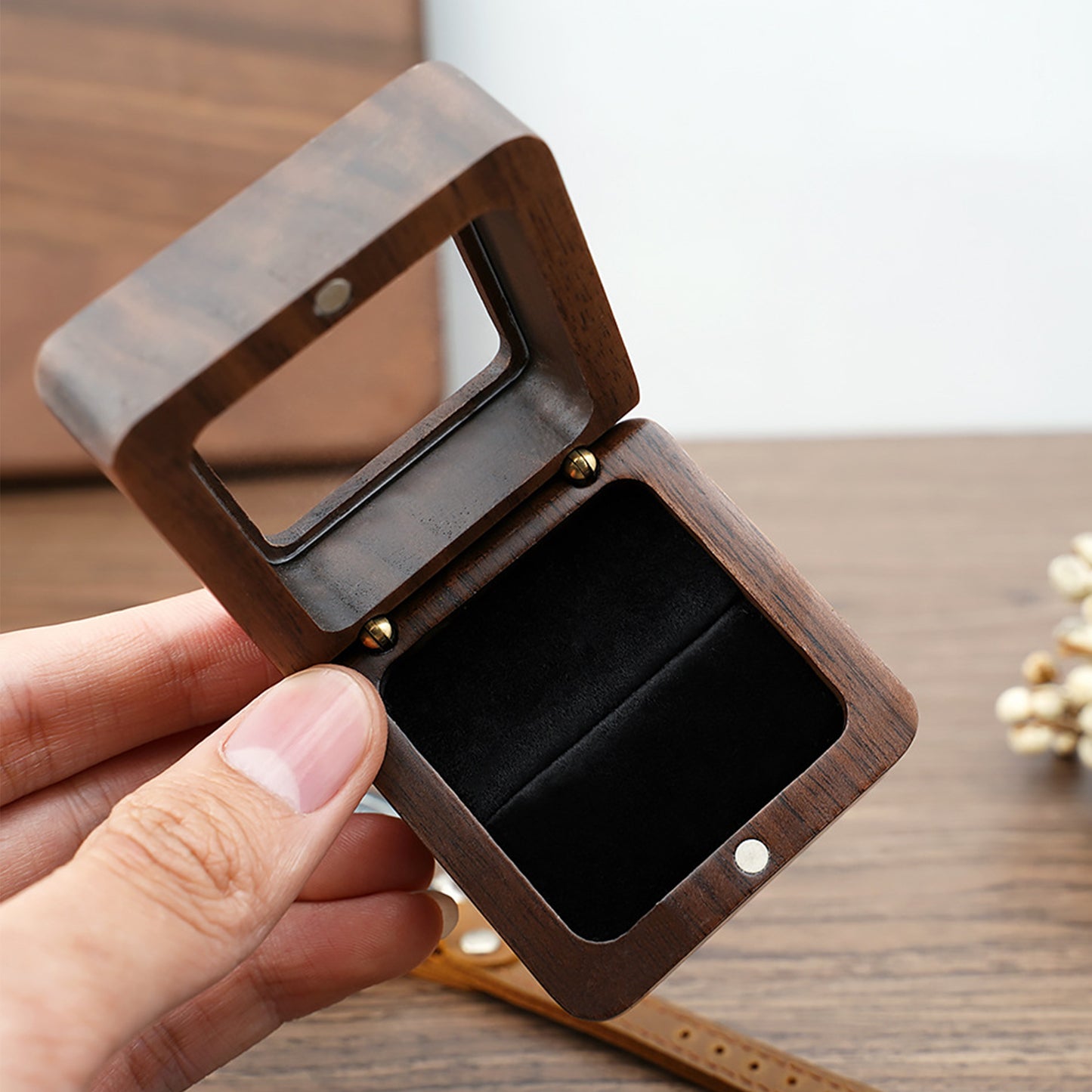 Wooden Square Ring Box (Glass Top)