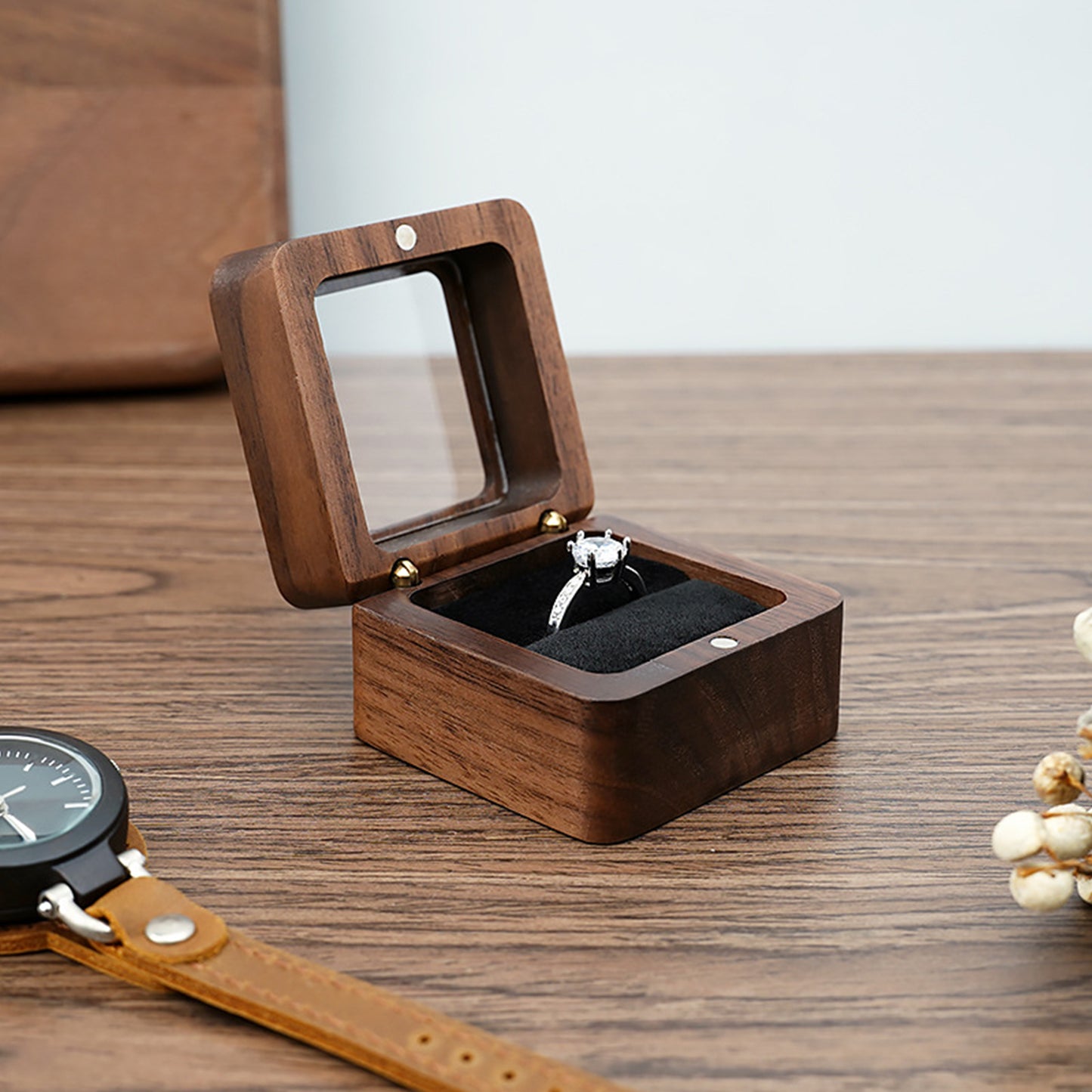 Wooden Square Ring Box (Glass Top)