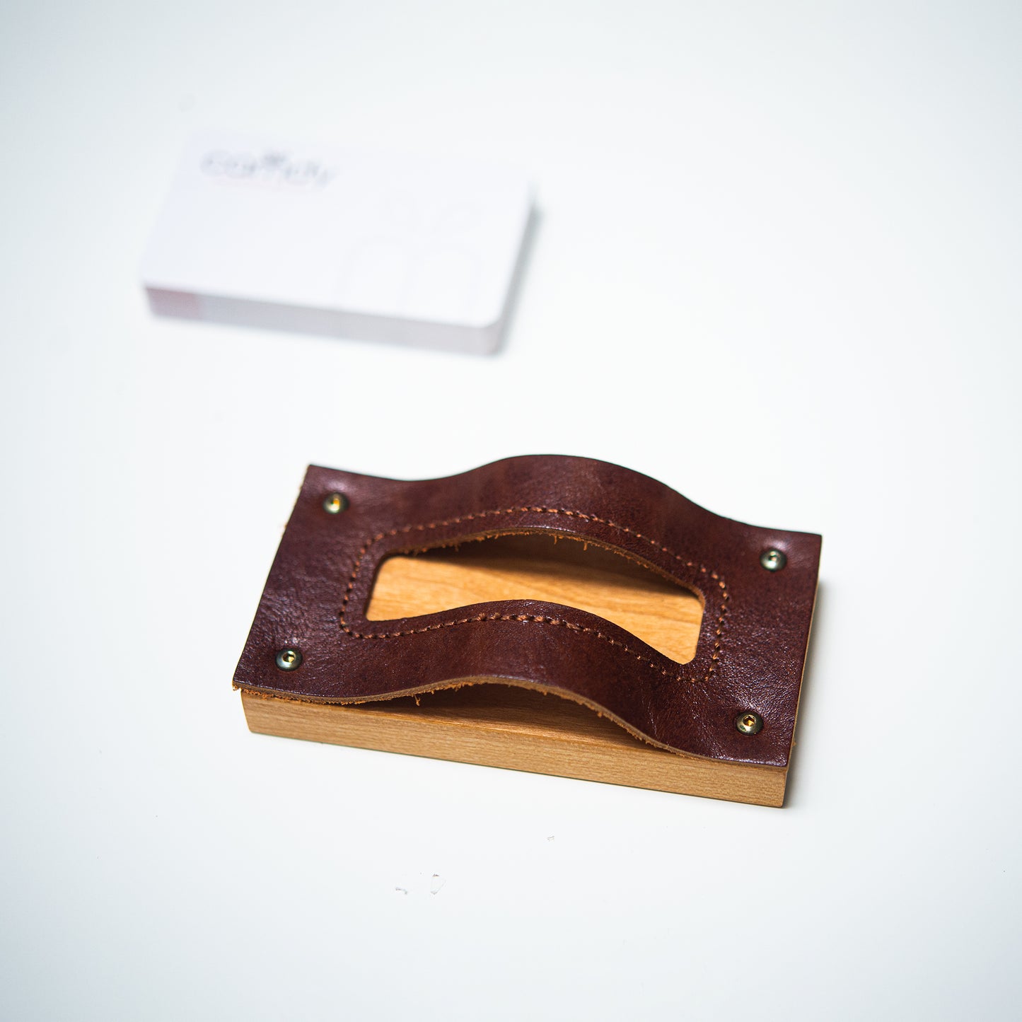 Personalized Cherry Wood Namecard Holder with Genuine Leather Top
