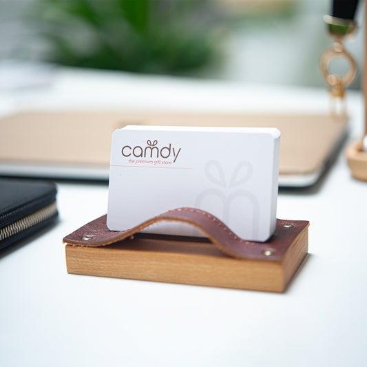 Personalized Cherry Wood Namecard Holder with Genuine Leather Top