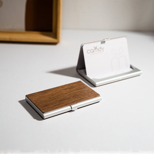 Stainless Steel Business Card Holder with Wooden Top